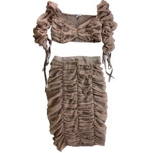 Sexy Ruched Two-Piece Beige Set Crop Top & High-Waisted‎ Skirt Fashion Nova XL